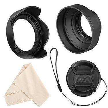 Imagem de Veatree Conjunto de para-sol de 77 mm, para-sol de borracha dobrável com rosca de filtro + para-sol de flor de tulipa reversível + tampa de lente de aperto central + pano de limpeza de lente de microfibra