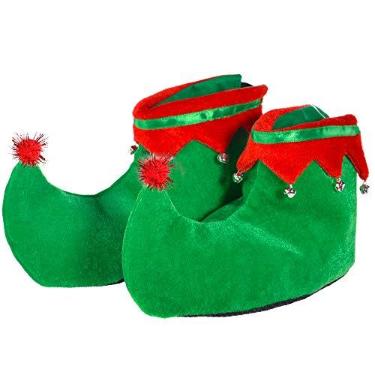 Imagem de Skeleteen Sapatos de elfo verde vermelho - Chinelos de veludo vermelho e verde com pés de elfo com sinos para adultos e crianças, vermelho, verde, dourado, One Size