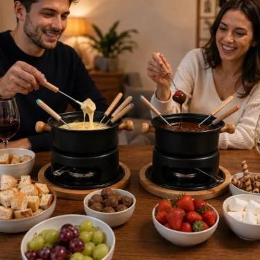 Imagem de Conjunto de Fondue de Aço com 11 Peças, Kit com 2 Unidades, para Chocolate, Carne e Queijo, Preto
