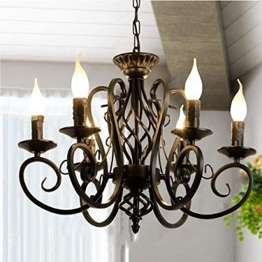 Imagem de Lustre rústico francês Ganeed, candelabros de ferro com 6 luzes de fazenda, luminária pendente de metal vintage para ilha de cozinha, sala de jantar, quarto
