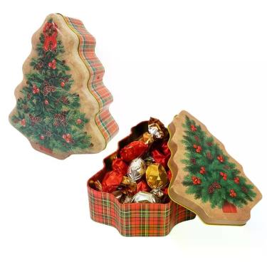 Imagem de Lata Jogo 2 Latas Natal Multiuso Metal Tampa Pinheiro Verde e Vermelho Xadrez 18cm Art Christmas