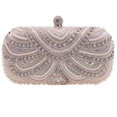 Imagem de Bolsa clutch feminina com pérolas bordadas, bolsa de mão com lantejoulas, bolsa de noite de casamento, Bege, M