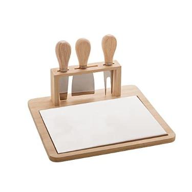 Imagem de LYOR - Conjunto Bandeja de Bambu e Cerâmica com 4 Peças para Queijo de Aço Inox com Cabo de Bambu 23cm x 21