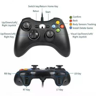 Imagem de Controle com Fio Techbrasil Compatível Xbox 360 e PC com Vibração, Analógico, 12 Botões e Cabo USB 250 cm Preto