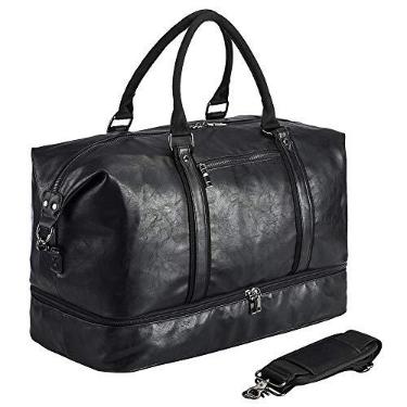 Imagem de Bolsa de viagem de couro com bolso para sapatos, bagagem de mão grande, impermeável, esportiva, A3 - Preto, L, Clássico