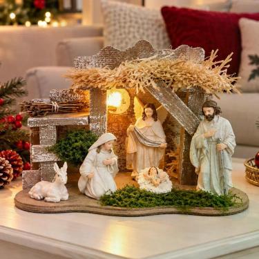 Imagem de Presépio Manjedoura Estábulo LED Decoração Natal Jesus 24cm - Genérico