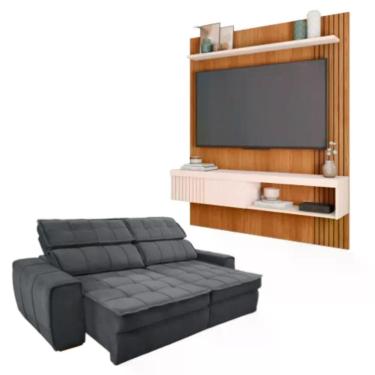 Imagem de Kit Sofá Retrátil e Reclinável América 3 Lugares com Painel Esmeralda Freijo-off White-cinza Estofados Matielo