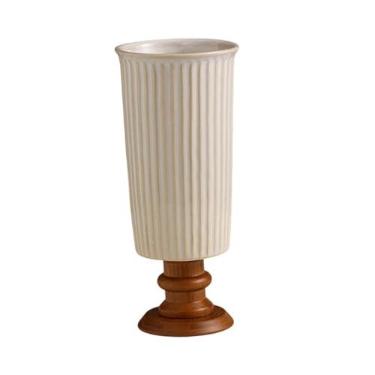 Imagem de Wswqop Vaso de flores com base de madeira, vaso de porcelana, suporte de flores de mesa com pé alto, jarra para sala de jantar, corredor, lareira, Linhas Verticais