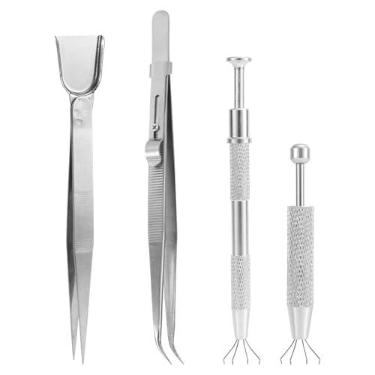 Imagem de Conjunto de 4 Peças para Decoração de Bolos, Caneta Aplicadora Confeitos em Aço Inoxidável (com 2 Pontas, Uma Longa e Uma Curta) e Pinça com Ponta em Formato pá Ferramentas para Confeitaria