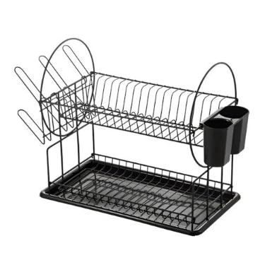 Imagem de Escorredor de Louça em Aço Inox, 2 Andares, Preto, 42x36x23cm, Suporta 18 Pratos, 6 Copos, 6 Xícaras, com Bandeja Coletora