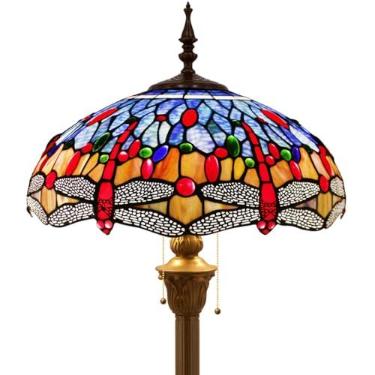Imagem de WERFACTORY Tiffany Abajur De Chão Libélula Azul Marrom Vitral Luz De Leitura De Pé 16X16X64 Polegadas Luminária De Canto De Poste Antigo Decoração Quarto Sala De Estar Escritório Em Casa Série S688