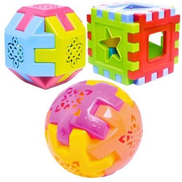 Imagem de Kit 3 Brinquedos Para Bebês Menino Menina Educativos Esferas e Cubo Didático Encaixar Colorido