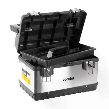 Imagem de Caixa Baú para Ferramentas CBI020 com Bandeja Interna Alça e Travas Prata Inox 20kg Vonder