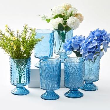 Imagem de Ninehaoou 6 peças (A: 18 cm L: 10 cm) Vasos de vidro com pedestal em relevo para flores, garrafa de base grande, recipiente espesso, vintage, para decoração de casamento, decoração de mesa e centro de