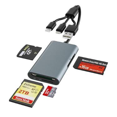 Imagem de Adaptador de alumínio Memory Stick Pro Duo – Leitor de cartão de metal 4 em 1 com triplo Lightning/USB-C/USB-A para SD/Micro SD/MS/xD-Picture-Card, Sony Cybershot Memory Stick Pro Duo adaptador para