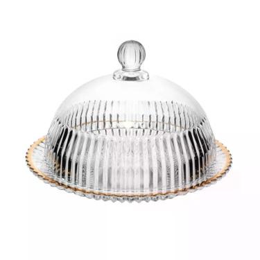 Imagem de Queijeira de Cristal Império Fio de Ouro para Servir Queijos com Borda Dourada 20cm Transparente Wolff