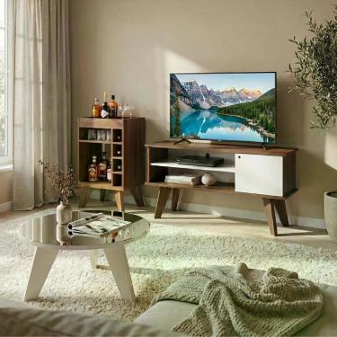 Imagem de Kit Sala de Estar Frank Rack TV 50" 120CM MDF Off White com Nicho e Mini Bar Dkadidecor