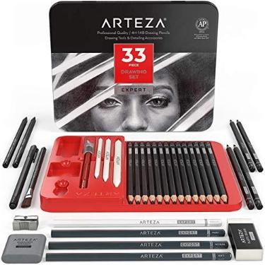 Imagem de Conjunto de desenho Arteza para adultos, conjunto de 33 ferramentas de esboço de artista, 20 lápis de grafite e 4 lápis de esboço de carvão, 1 fineliner, 3 liquidificadores, 1 apontador, 3 borrachas e 1 faca de hobby, materiais de arte para desenho