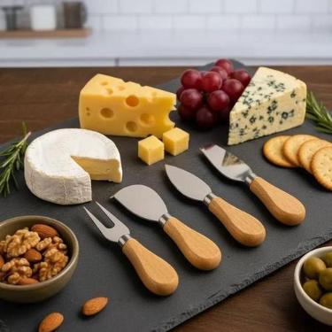 Imagem de Kit Facas para Queijo e Petisco 4 Peças Aço Inox Madeira Sofisticação 