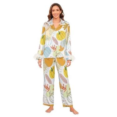 Imagem de GuoChe Conjunto de pijama macio de manga comprida com punho de penas para mulher, conjunto de pijamas de festa de noiva, conjunto de pijamas para dormir, P, moderno, outono, Abóboras