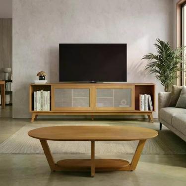 Imagem de Conjunto Sala de Estar 2 Peças Rack 218cm Rattan Palhinha e Mesa de Ce