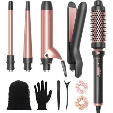 Imagem de Wavytalk Conjunto de modelador de cachos 5 em 1 com escova térmica e 4 varinhas de cerâmica intercambiáveis (0,5'-1,25'), modelador de cachos de cabelo com aquecimento instantâneo, ouro rosa