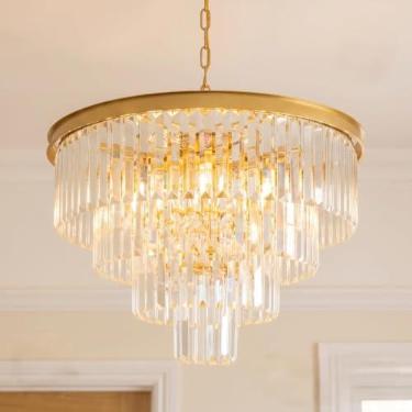 Imagem de Lustre de cristal dourado 9 luzes lustre moderno para sala de jantar W24in | Luz de teto redonda regulável, lustre contemporâneo para sala de estar, quarto, hall de entrada, corrente ajustável