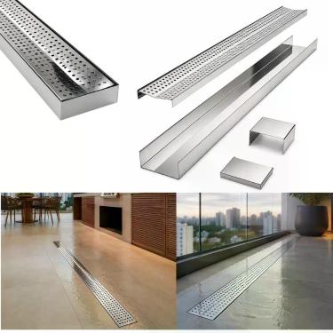 Imagem de Ralo Linear Inox Perfurado Espelhado 10x100 Varandas Apartamento - FIC