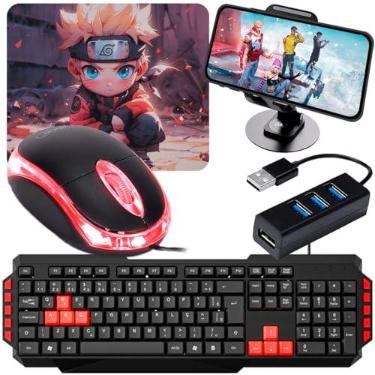 Imagem de Kit Gamer Mobilador Completo com Teclado Iluminado 3 Cores, Mouse Óptico, Suporte de Celular, Hub USB 4 Portas e OTG Micro USB V8 – Forte Sul.
