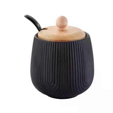 Imagem de Açucareiro Com Colher De Cerâmica E Tampa Bambu 360ml Cor Preto - Haüs