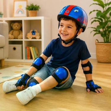Imagem de Kit Proteção e capacete Infantil Completo 7 peças - azul e vermelha -