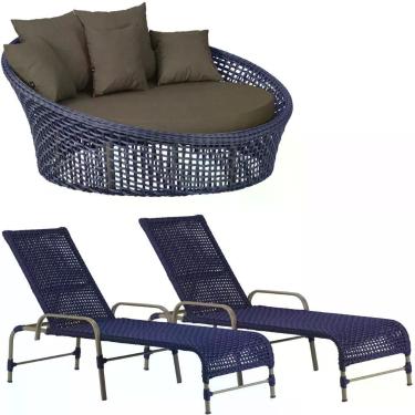 Imagem de Kit Chaise Hungria E Espreguiçadeiras Catar Trama Original Azul