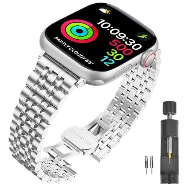 Imagem de AmzAokay Pulseiras de aço inoxidável para Apple Watch Ultra2 Ultra Series 10, 9, 8, 7, 6, 5, 4, 3, 2, 1 SE SE2, 38 mm, 40 mm, 41 mm (prata, 42 mm)/44 mm/45 mm/46 mm/49 mm)