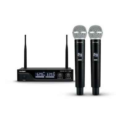 Imagem de Microfone Sem Fio Duplo SounDigital PRO LINE SD402 UHF Digital Cardioide Dinâmico Profissional Voz Cantor Igreja Karaokê Show Apresentações Narrações Sistema Vocal Mão