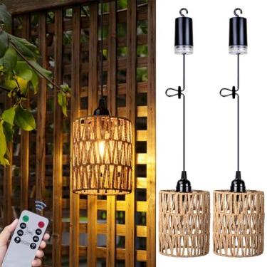 Imagem de ALL FORTUNE Lustre Operado por Bateria, Luz Pendente Suspensa por Bateria, Luzes de Vime com Lâmpada Branca Quente, 4 * Aa Alimentado por Bateria, para Gazebo Pergola Varanda Pátio Decoração Interna E
