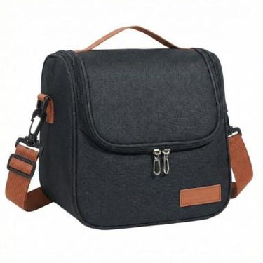 Imagem de Bolsa Térmica Lancheira para Marmita com Alça Ajustável, Forro Térmico Interno, Material Resistente e Impermeável, Cinza com Detalhes Marrom, 22x19x16cm (Preto)