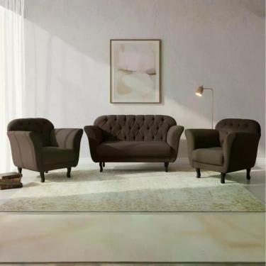 Imagem de Kit Namoradeira + 2 Poltronas Decorativa Dália Couro Marrom Pés Madeir