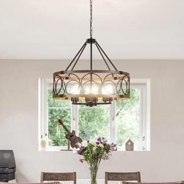 Imagem de Lustre Drum Farmhouse 6 luzes 55 cm Lustres rústicos para sala de jantar lustre sobre mesa pendurado metal grão de madeira redondo moderno iluminação pendente para cozinha ilha hall de entrada