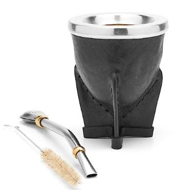 Imagem de BALIBETOV Couro Embrulhado Feito à Mão Yerba Mate Gourd (Bojo Mate) com Bombilla (Canudo Yerba Mate), Preto