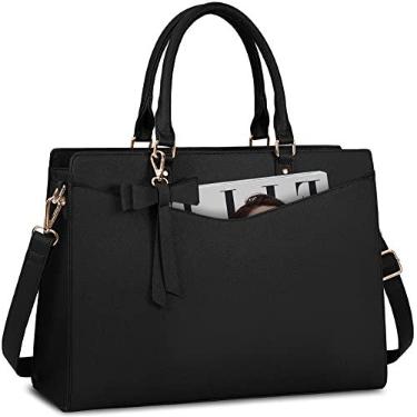 Imagem de Bolsa feminina RAINSMORE de poliuretano para laptop de 15,6 polegadas, bolsa de trabalho para escritório, impermeável, pasta para computador, bolsa de ombro leve, preta