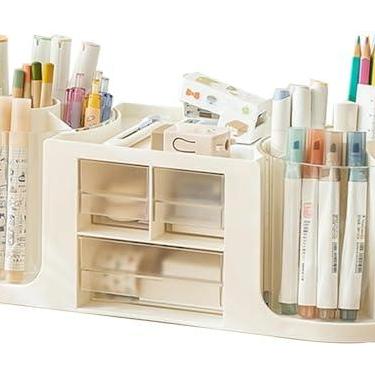Imagem de Organizador de mesa giratório duplo com 3 gavetas, porta-lápis de mesa, estojo de exibição de cosméticos de grande capacidade, porta-canetas duplas mais resultados, (branco)