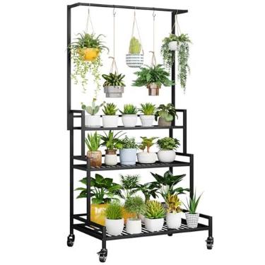 Imagem de YIZAIJIA Yizajia Suporte Para Plantas Interno 3 Níveis De Metal Externo Suportes Em Prateleira Com Roda Várias Escada Vaso Mesa Janela Jardim Varanda Sala Estar (3 - Preto Cabide)