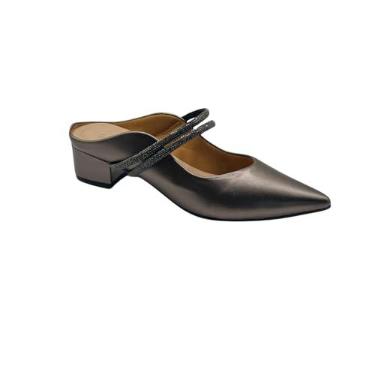 Imagem de Mule Scarpin Feminino Cinza chumbo com Tiras de strass com Brilho – Salto Baixo e Estilo Sofisticado (BR, Adulto, Numérico, 38)