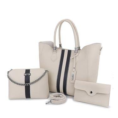 Imagem de Kit Bolsa Feminina Sacola Transversal e Necesserie Retta Oficial (MARFIM COM PRETA)