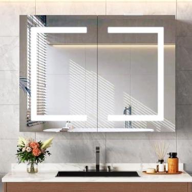 Imagem de Snughome Armário de remédios para banheiro com espelho e luzes LED, espelho de banheiro com armazenamento, antiembaçamento, tomadas embutidas, regulável em 3 cores de temperatura, antiferrugem, fácil