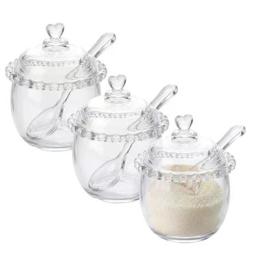 Imagem de Kit 3 Açucareiro de Cristal com Colher Detalhes Coração 250ml Porta Açúcar para Mesa Transparente Lyor