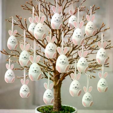 Imagem de Pendente Decorativo de Páscoa Ovos com Coelho para Árvore e Guirlanda Kit 24 Peças Branco Plástico