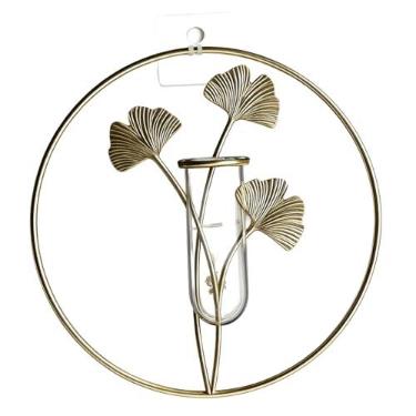 Imagem de ZJchao Vaso de Parede, Tubo de Vidro Transparente Arte Em Ferro Vaso de Flores Pendurado na Parede Com Gancho Adesivo para Instalação de Perfuração e Não Perfuração para Sala de (Folhas ocas de