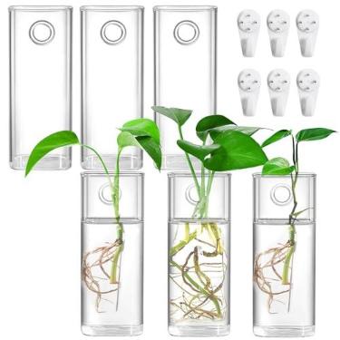 Imagem de Fasmov Pacote com 6 vasos de vidro para pendurar na parede, suportes de terrário para plantas aéreas, suculentas, flores - recipientes quadrados e transparentes para exibição e decoração de plantas