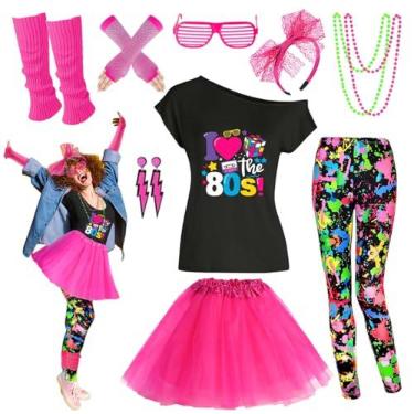 Imagem de Xintorch Conjunto de acessórios femininos para fantasia dos anos 80, leggings, saia tutu, polainas para festa Neno